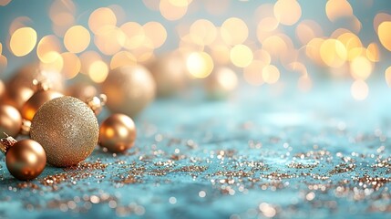 Festive horizontal template with golden round bokeh lights decoration and floor on light blue background