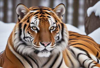 Fototapeta premium A tiger lies in the middle of a snow-covered forest