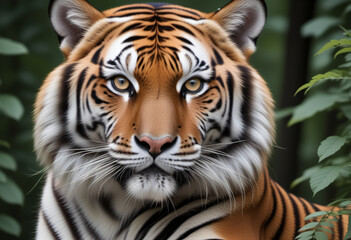 Fototapeta premium A tiger lies in the middle of a snow-covered forest