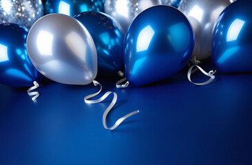 Silver and dark blue shiny balloons with copy space on indigo plain background. Festive backdrop. Balloons bunch. Horizontal banner. Birthday party decoration. Front view. Space for greeting text.