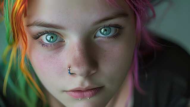 A teenager with colorful hair and piercings looks confidently into the camera a symbol of their journey towards accepting their unique sense of self, Girl With Nose Piercing and Multicolored Hair