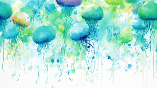 A fuzzy, chaotic background for a presentation with bright blue and green jellyfish shades. Generative AI