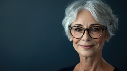 Gray-haired woman with glasses smiling against a dark blue background.