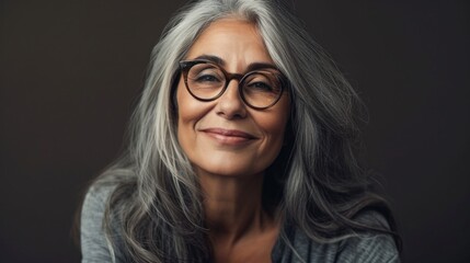 A woman with gray hair and glasses smiling gently exuding a sense of wisdom and warmth.