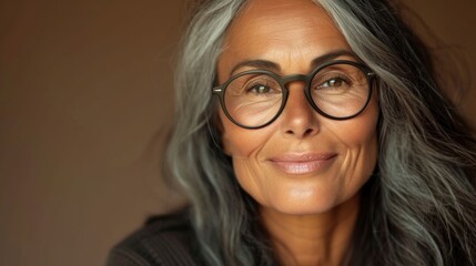 Woman with gray hair wearing glasses smiling gently with a warm and inviting expression.