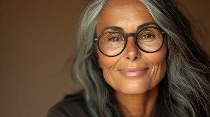 Obraz premium Woman with gray hair wearing glasses smiling gently with a warm and inviting expression.