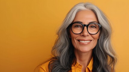 A smiling woman with gray hair and glasses wearing a yellow top against a yellow background.