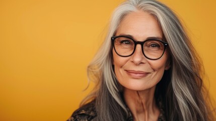 Fototapeta premium A smiling woman with gray hair and glasses against a yellow background.