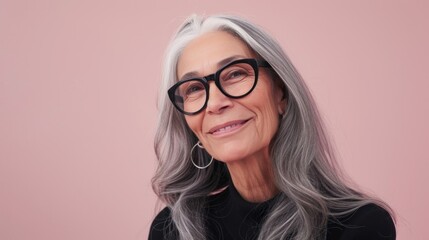 Woman with gray hair wearing glasses and earrings smiling against pink background.