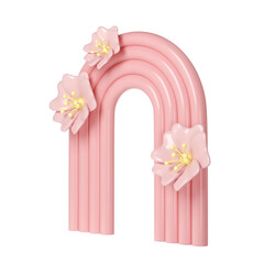 3d rendering of plaster pink molds arch with flower transparent. Minimalistic spring display. Stylish aesthetic showcase, mock up for the exhibitions, presentation of products and goods