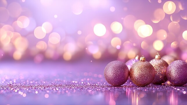 Festive horizontal template with golden round bokeh lights decoration and floor on lilac background