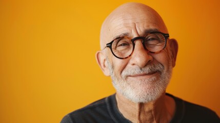 Smiling elderly man with glasses and white beard against yellow background. - 731843591