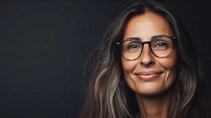 A woman with long brown hair wearing glasses smiling gently with a hint of a laugh against a dark background.