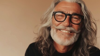 A man with long gray hair a mustache and glasses smiling warmly at the camera.