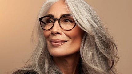 Naklejka premium A middle-age woman with gray hair wearing glasses and smiling slightly.