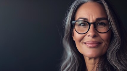 A close-up of a smiling woman with gray hair wearing glasses set against a dark background.