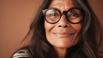 Woman with glasses smiling looking directly at camera with soft lighting and warm tones.