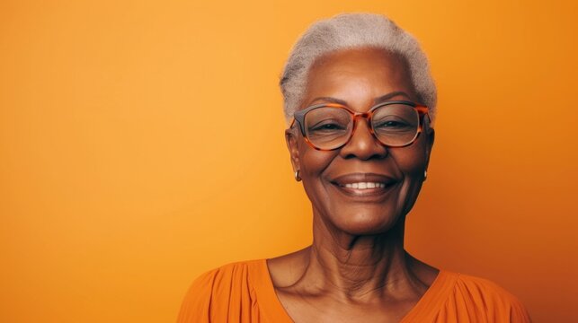 Smiling Older Woman With Gray Hair And Orange Glasses Wearing An Orange Top Against A Solid Orange Background.