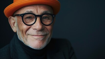 An elderly man with a warm smile wearing a vibrant orange hat and oversized black glasses exuding a sense of joy and wisdom.