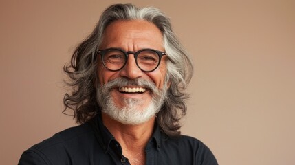 Obraz premium A joyful man with a white beard and gray hair wearing glasses smiling broadly and dressed in a dark shirt.