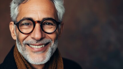 Fototapeta na wymiar Smiling man with white beard and glasses wearing brown scarf against blurred background.
