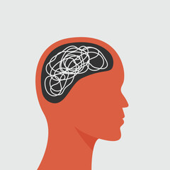 Minimalist silhouette of human head with stressed thoughts, overthinking vector illustration for health psychology post