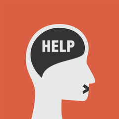 Minimalist silhouette of human head with thoughts asking for help, and mouth in a cross vector illustration for health psychology idea