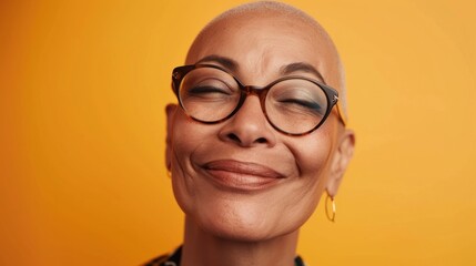 Smiling bald woman with glasses and earrings against a yellow background.