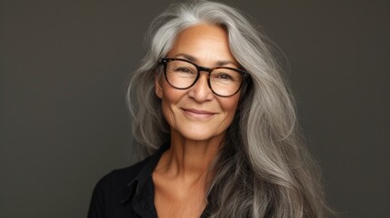 A woman with silver hair and glasses smiling at the camera wearing a black top with a V•neckline.