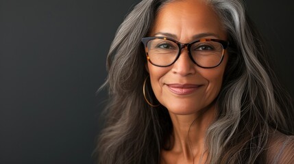 A woman with gray hair wearing glasses and a gold hoop earring smiling against a dark background.