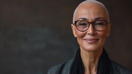 A bald woman with glasses smiling wearing a black scarf and a dark blazer against a blurred background. - obrazy, fototapety, plakaty