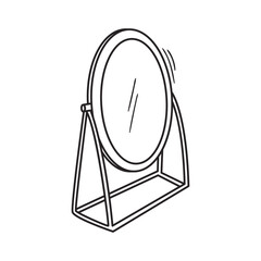 Hand drawn table mirror silhouette. Outline drawing of bathroom decoration. Make up and self care element. Line vector illustration