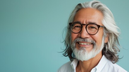 Smiling man with gray beard and hair wearing glasses against light blue background.