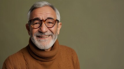 Fototapeta premium Smiling man with white beard and glasses wearing brown turtleneck against a neutral background.