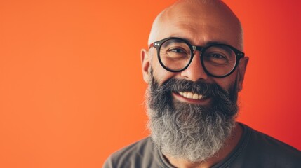 Smiling man with gray beard and glasses against orange background. - 731844532