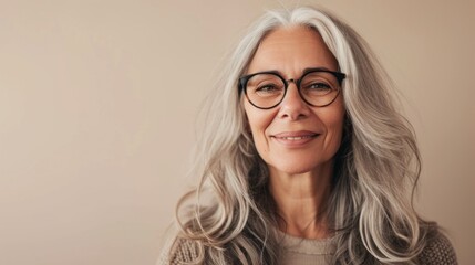 Smiling woman with gray hair and glasses wearing a beige sweater against a light beige background.