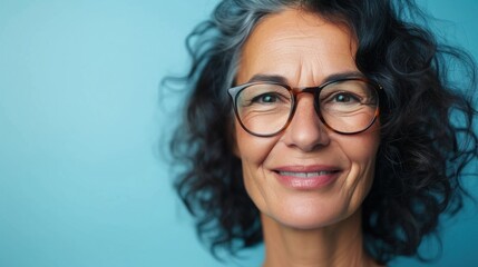 Smiling woman with glasses and curly hair against blue background.