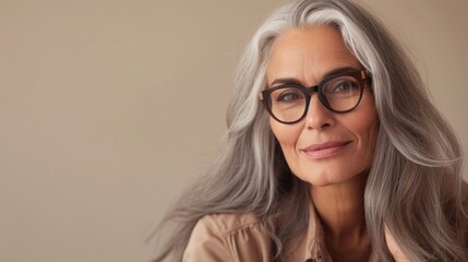 Gray-haired woman with glasses smiling gently wearing a beige blouse against a soft-focus beige background.
