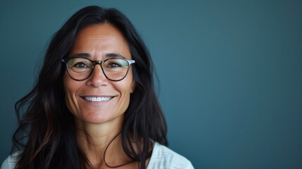 A woman with long dark hair wearing glasses smiling at the camera against a blue background.