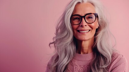 Obraz premium Smiling woman with gray hair wearing glasses and a pink sweater against a pink background.
