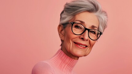 A smiling elderly woman with gray hair wearing glasses and a pink turtleneck against a pink background.