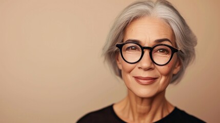 A close-up portrait of an elderly woman with gray hair wearing glasses and smiling gently against a soft-focus beige background.