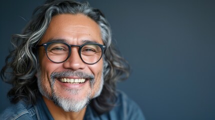 Obraz premium Smiling man with gray hair and beard wearing glasses in a blue shirt against a gray background.