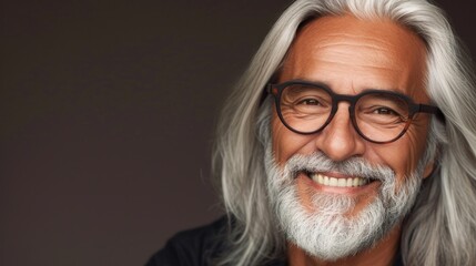 A bearded man with long white hair and glasses smiling against a blurred background.