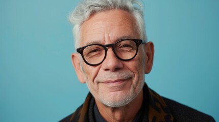 A man with silver hair wearing glasses and a scarf smiling against a blue background.