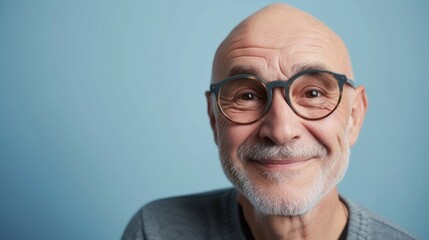 Fototapeta premium Smiling bald man with glasses and gray beard against blue background.