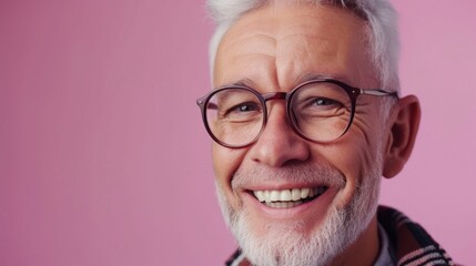 Smiling older man with white hair and beard wearing glasses against pink background.