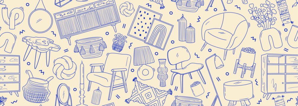 Seamless vector banner with outline drawings of trendy furniture and decor. Mid century and scandinavian interior design background. Line art home objects pattern.