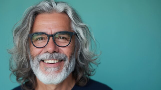 The image shows a man with a gray beard and mustache wearing glasses smiling and looking directly at the camera against a teal background.