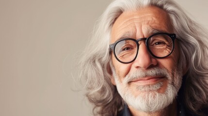 An elderly man with white hair and a beard wearing glasses smiling gently exuding wisdom and warmth.